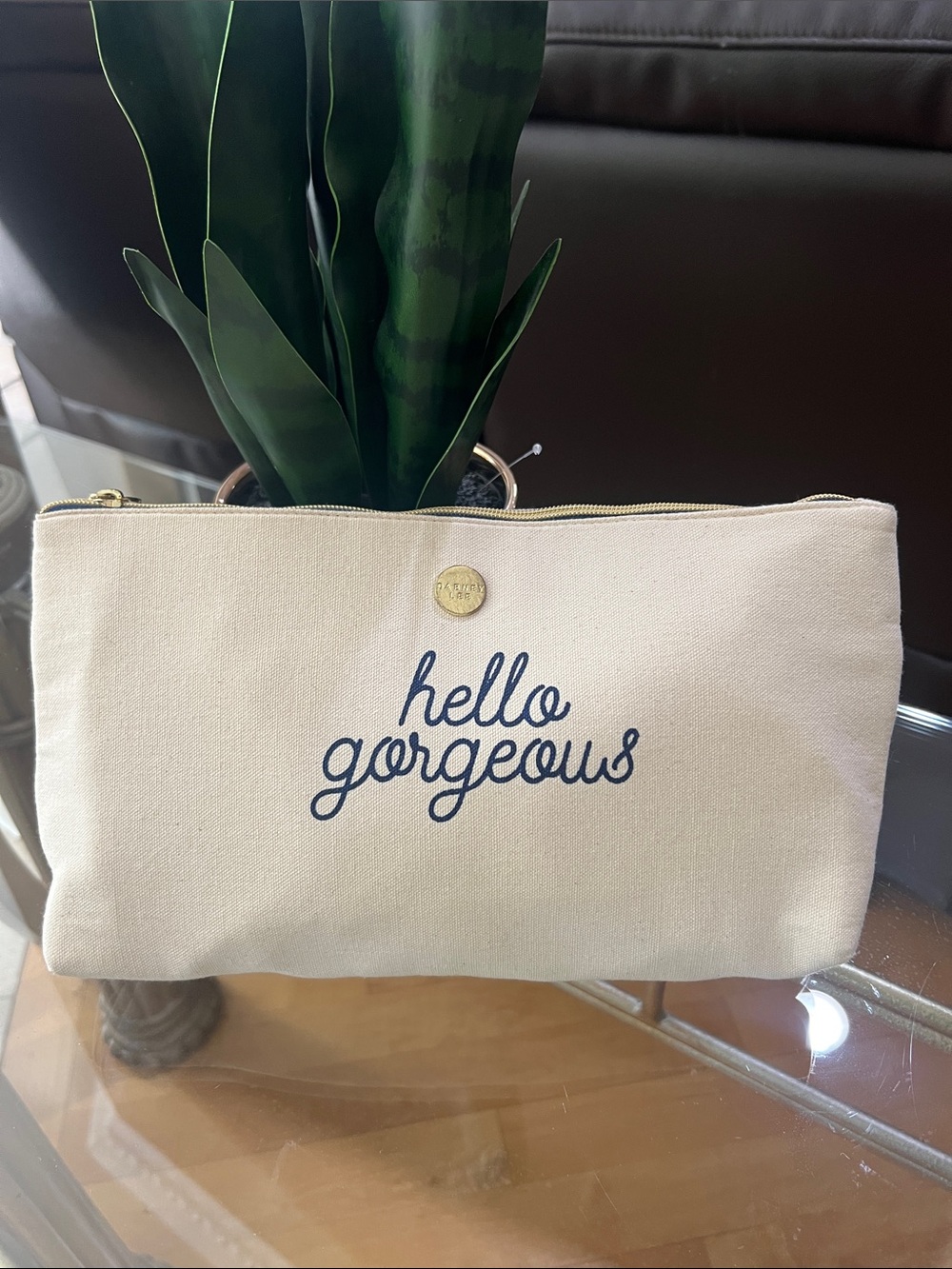 Dabney Lee Cream Canvas "hello gorgeous" Zip Pouch with Navy Script